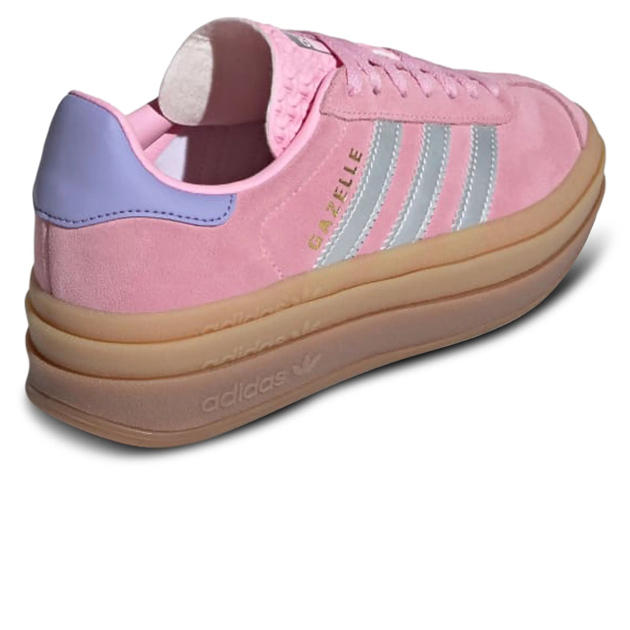 Back side view of Adidas Gazelle Bold Kids True Pink Gum Silver Purple JH5539